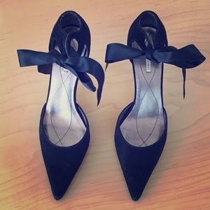 Black suede heels with satin ribbon tie